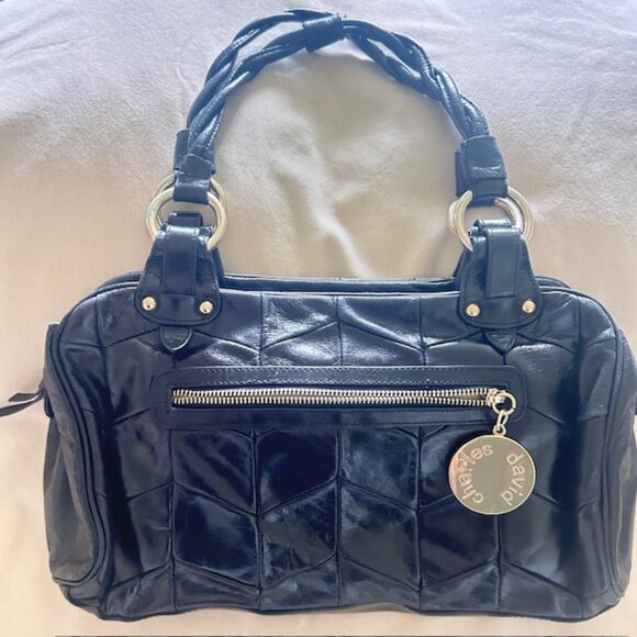 Charles David Handbag Purse Black Chevron Stitched Twisted Handles Read - Picture 2 of 11